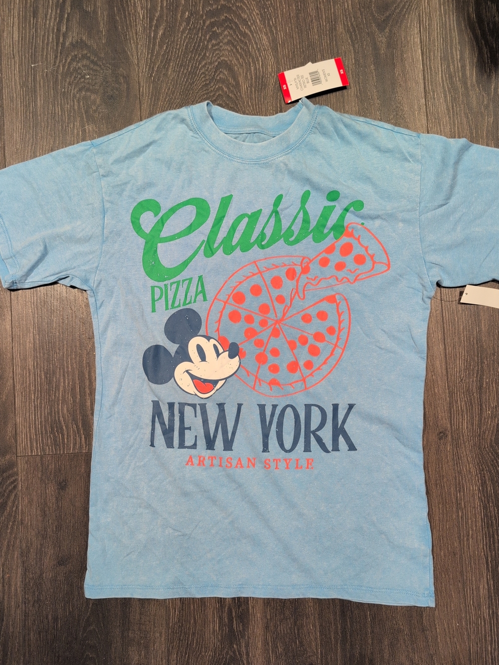 Disney Mickey Mouse Classic Retro Pizza New York Blue Graphic Tee Crew Neck XS